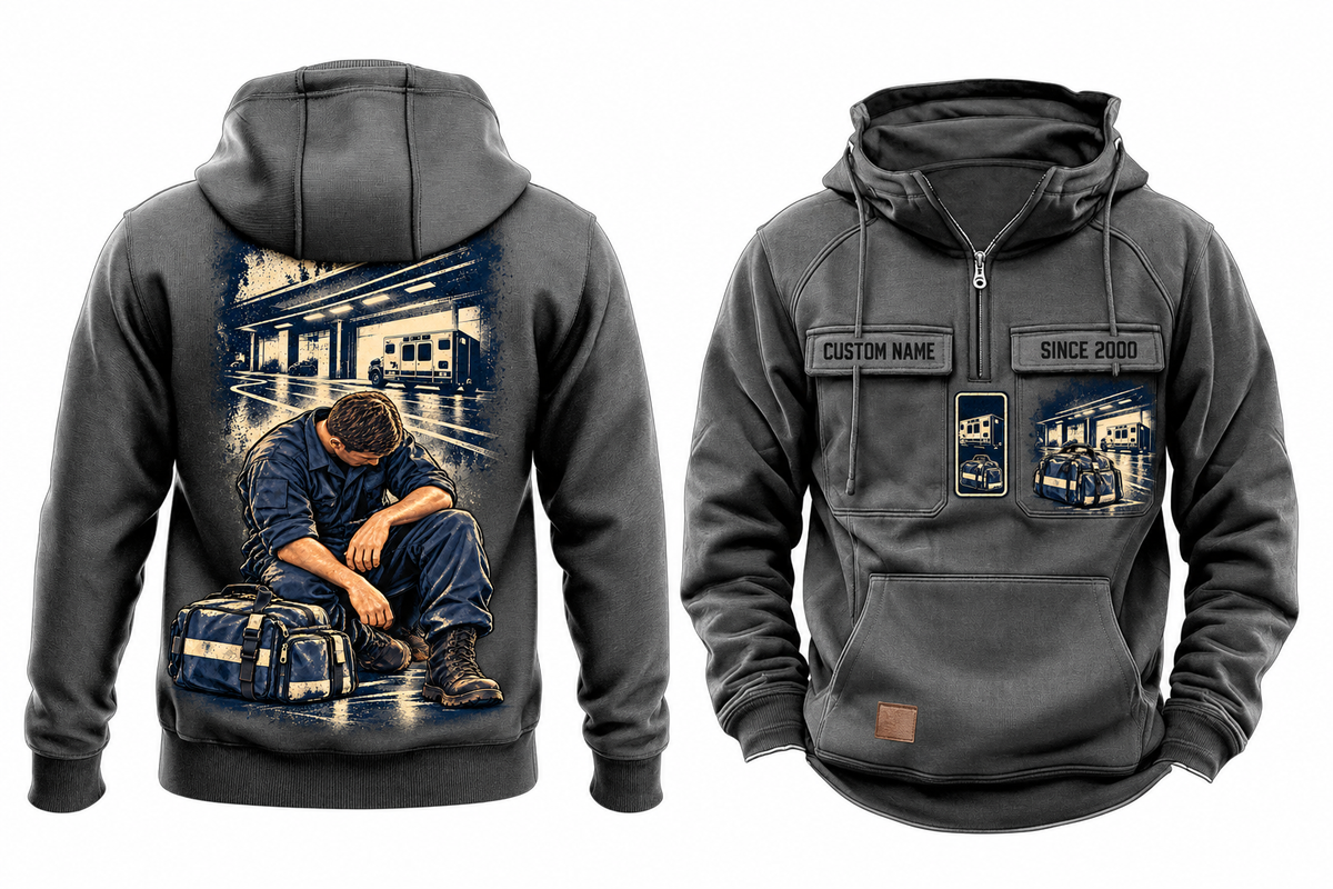 EMS Ready Every Day Portrait Vintage Hoodie in Dark Gray, fully separated front and back views with sample text CUSTOM NAME and SINCE 2000, ambulance and closed response bag chest artwork, and a larger kneeling worker below a compact ambulance-bay back panel.