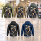 EMS Ready Every Day Portrait Vintage Hoodie in Military Green, Kaki, Dark Gray, Black and Dark Blue, five fully separated complete back views in a quiet ambulance-bay setting, each with a compact bay panel and larger low kneeling worker beside a closed response bag.