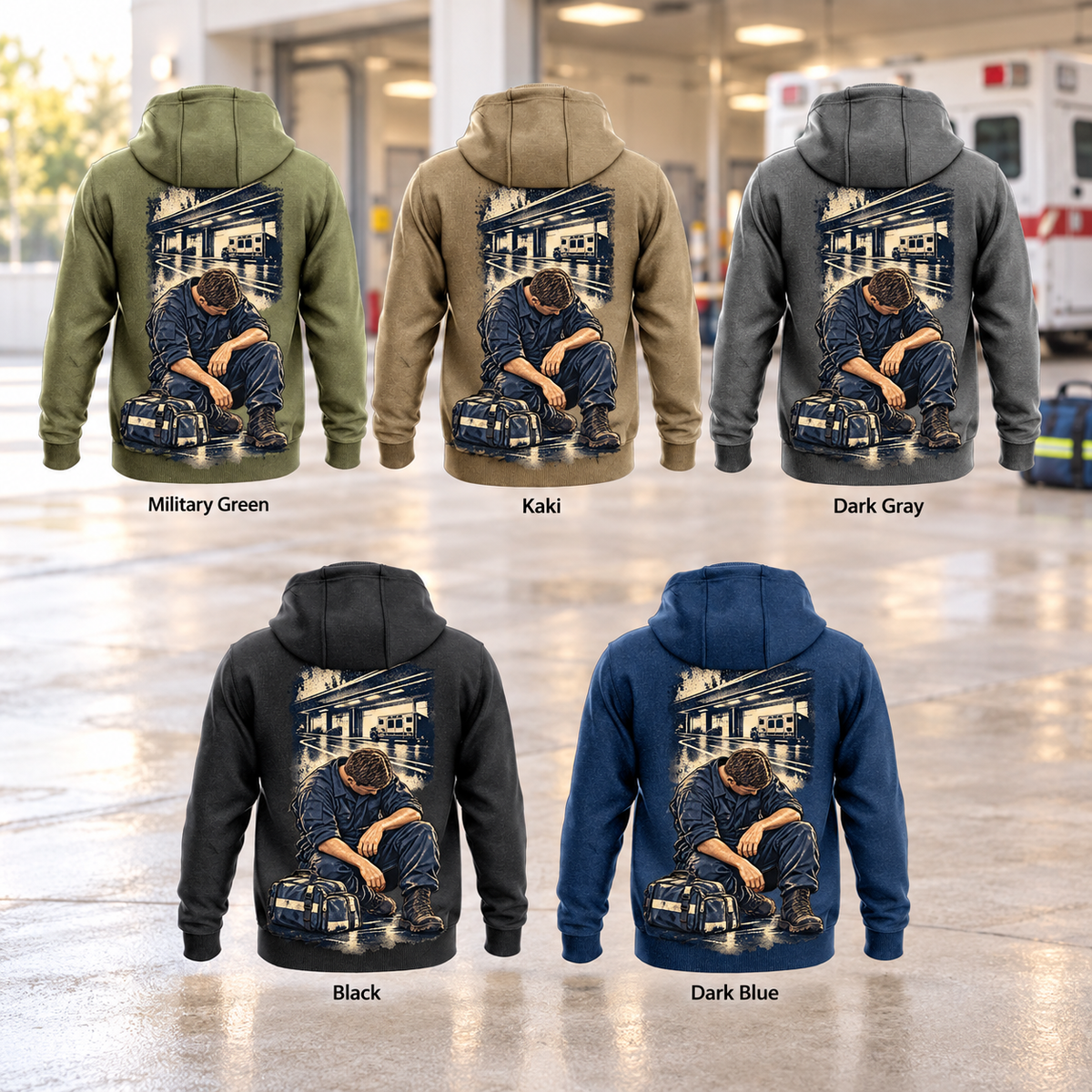EMS Ready Every Day Portrait Vintage Hoodie in Military Green, Kaki, Dark Gray, Black and Dark Blue, five fully separated complete back views in a quiet ambulance-bay setting, each with a compact bay panel and larger low kneeling worker beside a closed response bag.