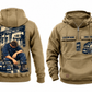 EMS Ready Every Day Portrait Vintage Hoodie in Kaki, fully separated front and back views with sample text CUSTOM NAME and SINCE 2000, ambulance and closed response bag chest artwork, and a larger kneeling worker below a compact ambulance-bay back panel.