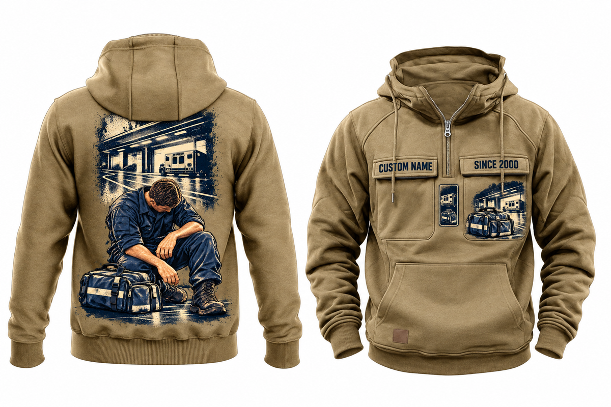 EMS Ready Every Day Portrait Vintage Hoodie in Kaki, fully separated front and back views with sample text CUSTOM NAME and SINCE 2000, ambulance and closed response bag chest artwork, and a larger kneeling worker below a compact ambulance-bay back panel.