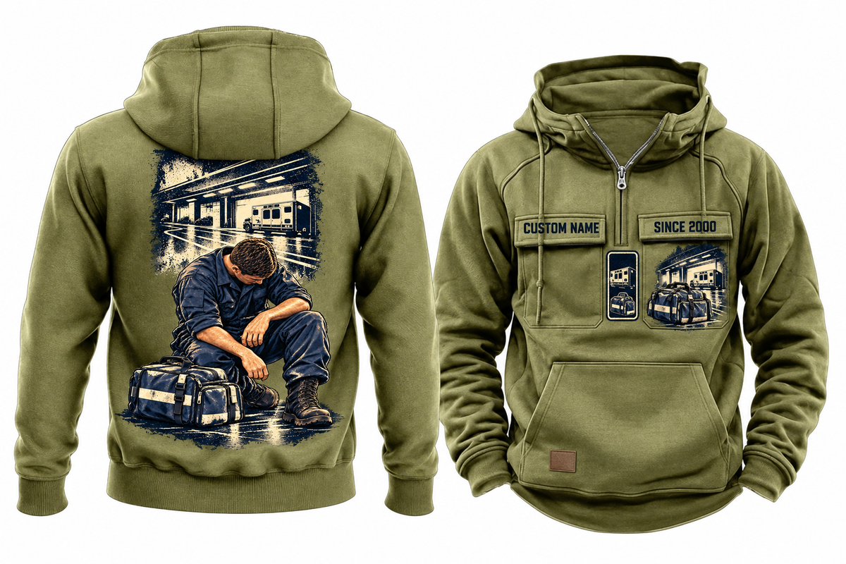 EMS Ready Every Day Portrait Vintage Hoodie in Military Green, fully separated front and back views with sample text CUSTOM NAME and SINCE 2000, ambulance and closed response bag chest artwork, and a larger kneeling worker below a compact ambulance-bay back panel.