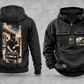 EMS Workday Portrait Vintage Hoodie in Black, complete separated front and back views with sample text CUSTOM NAME and SINCE 2000, ambulance-and-response-bag chest emblems and a tall kneeling-worker back panel.