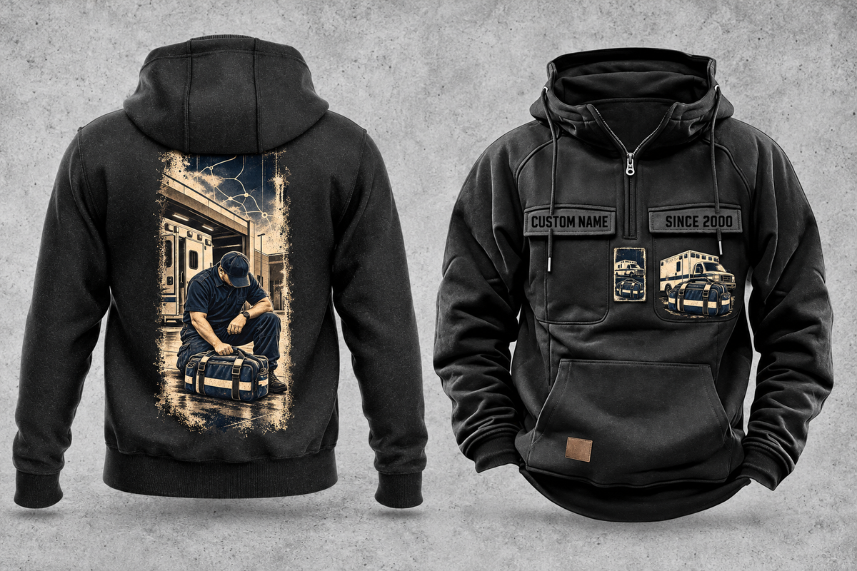 EMS Workday Portrait Vintage Hoodie in Black, complete separated front and back views with sample text CUSTOM NAME and SINCE 2000, ambulance-and-response-bag chest emblems and a tall kneeling-worker back panel.