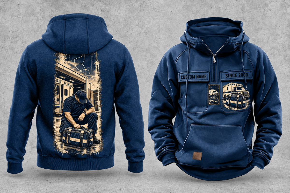 EMS Workday Portrait Vintage Hoodie in Dark Blue, complete separated front and back views with sample text CUSTOM NAME and SINCE 2000, ambulance-and-response-bag chest emblems and a tall kneeling-worker back panel.