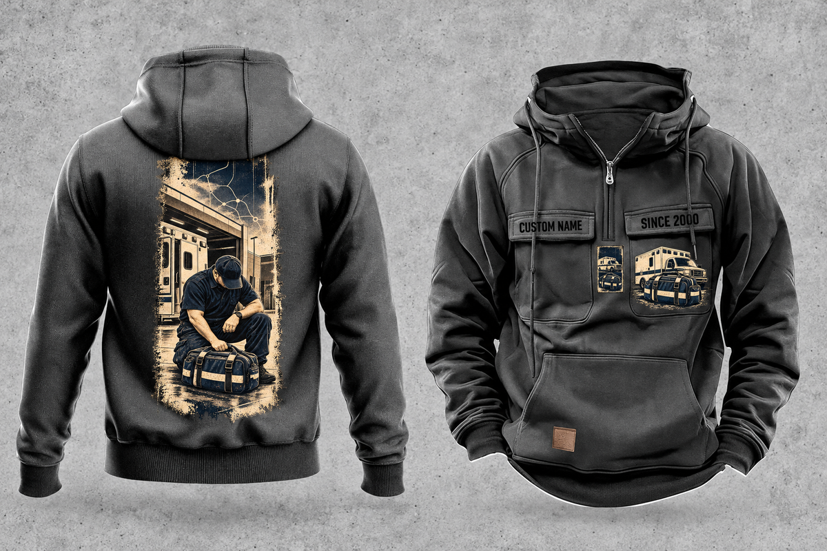 EMS Workday Portrait Vintage Hoodie in Dark Gray, complete separated front and back views with sample text CUSTOM NAME and SINCE 2000, ambulance-and-response-bag chest emblems and a tall kneeling-worker back panel.