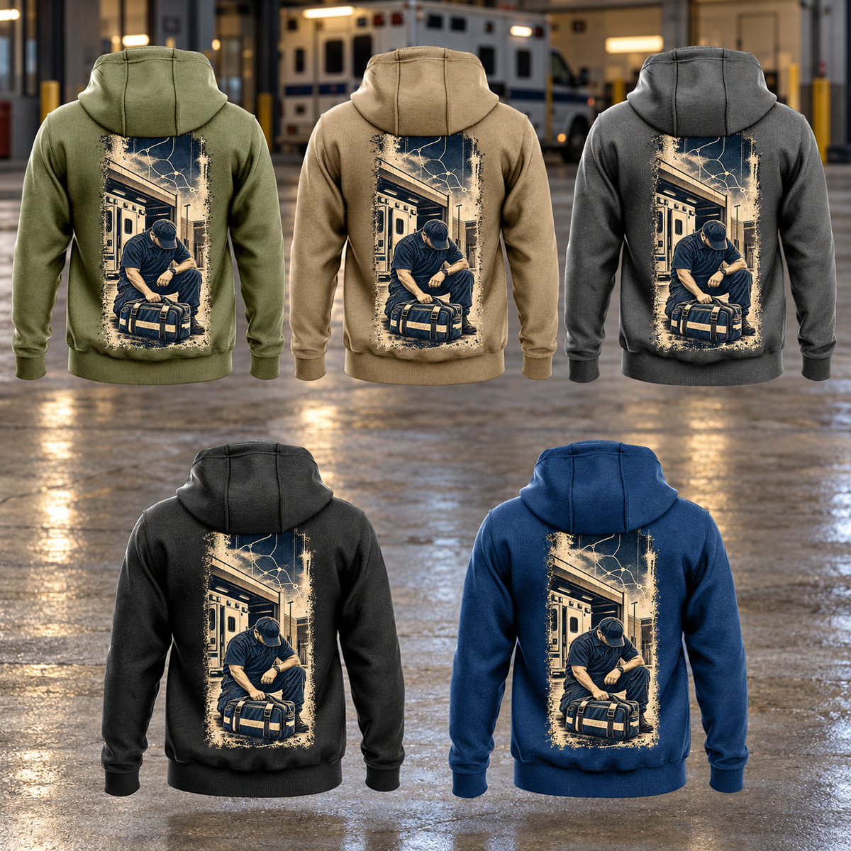 EMS Workday Portrait Vintage Hoodie in Military Green, Kaki, Dark Gray, Black and Dark Blue, five complete back views with matching tall kneeling-worker and response-bag artwork arranged in a quiet ambulance bay.