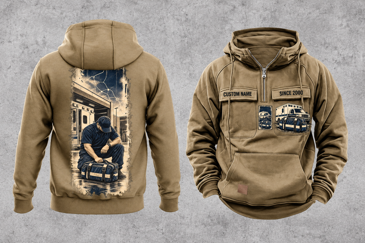 EMS Workday Portrait Vintage Hoodie in Kaki, complete separated front and back views with sample text CUSTOM NAME and SINCE 2000, ambulance-and-response-bag chest emblems and a tall kneeling-worker back panel.