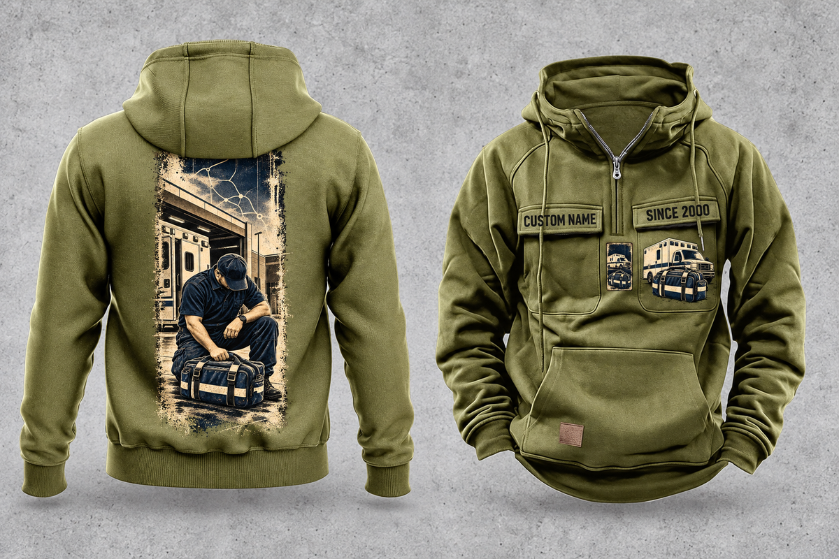 EMS Workday Portrait Vintage Hoodie in Military Green, complete separated front and back views with sample text CUSTOM NAME and SINCE 2000, ambulance-and-response-bag chest emblems and a tall kneeling-worker back panel.