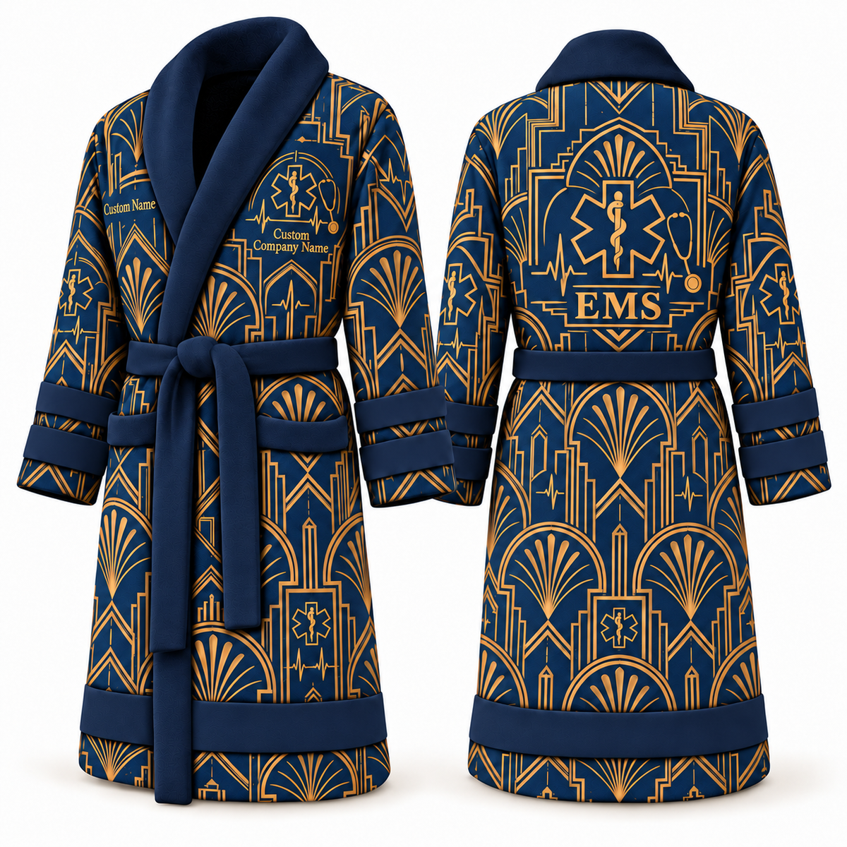 Personalized EMS Bathrobe - Art Deco Craft blue front and back view