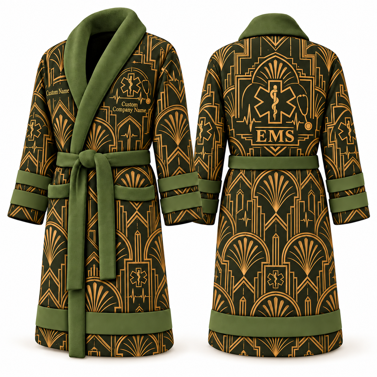 Personalized EMS Bathrobe - Art Deco Craft olive front and back view