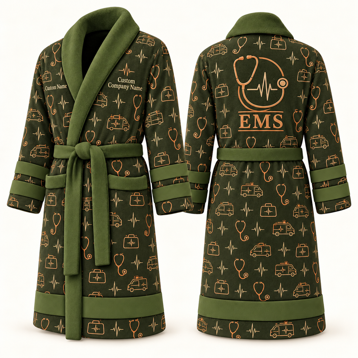 Personalized EMS Bathrobe olive front and back