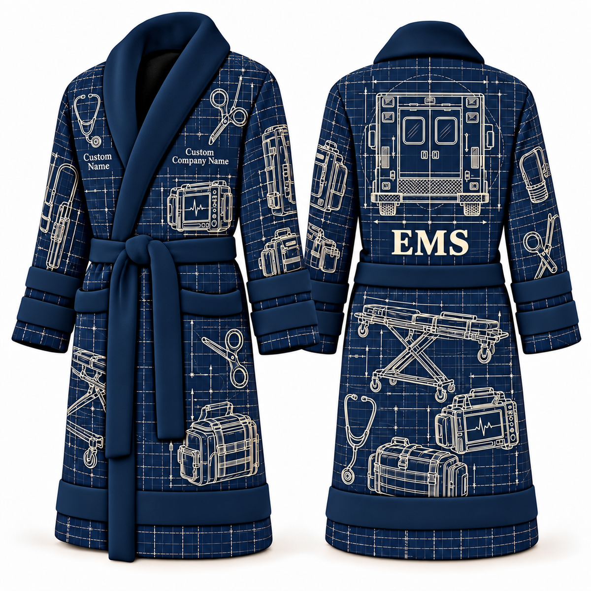 Personalized EMS Bathrobe - Blueprint Workshop blue front and back view