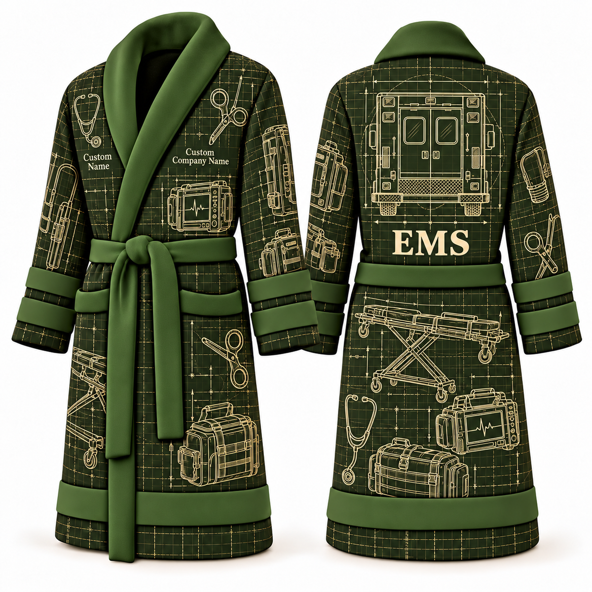 Personalized EMS Bathrobe - Blueprint Workshop olive front and back view