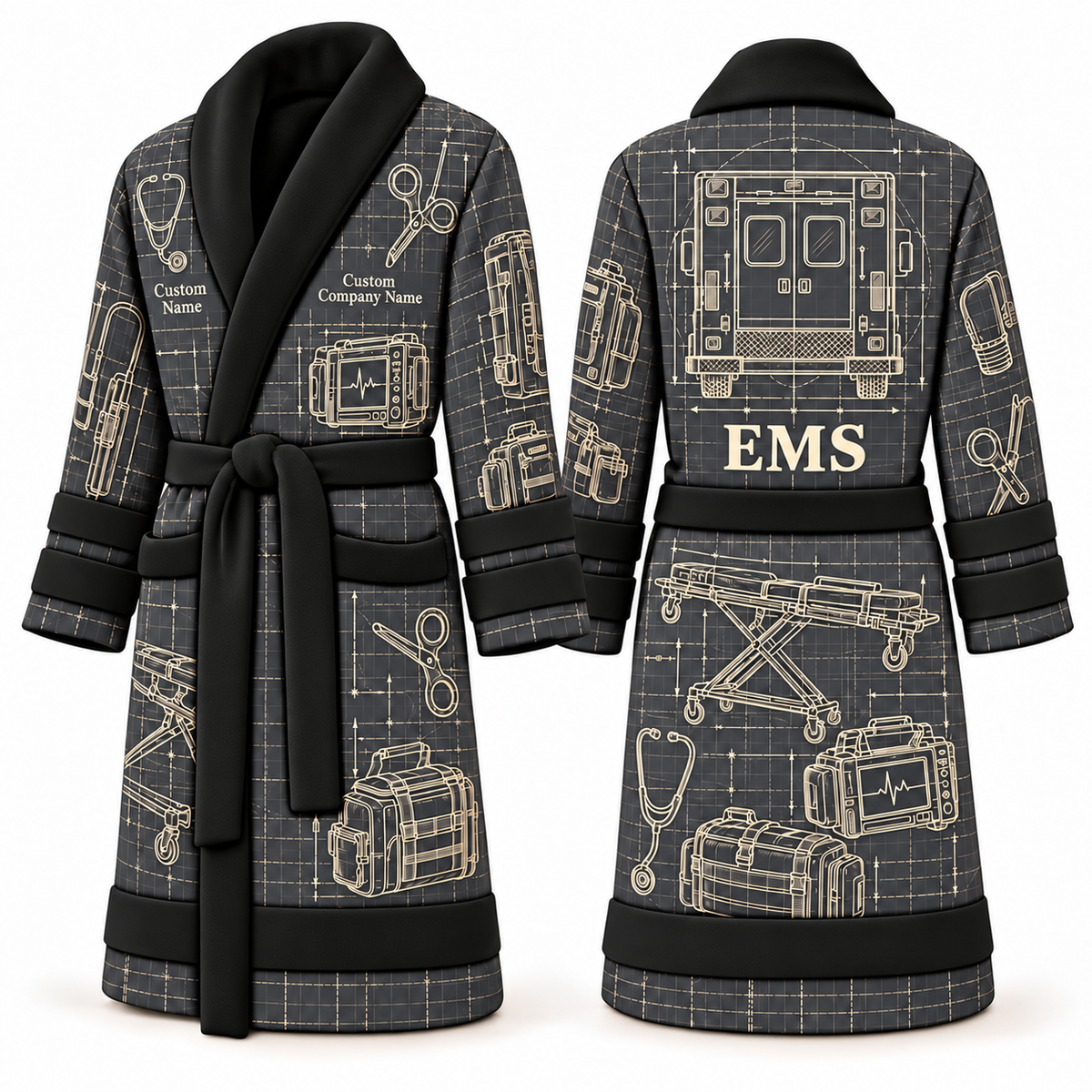 Personalized EMS Bathrobe - Blueprint Workshop slate front and back view