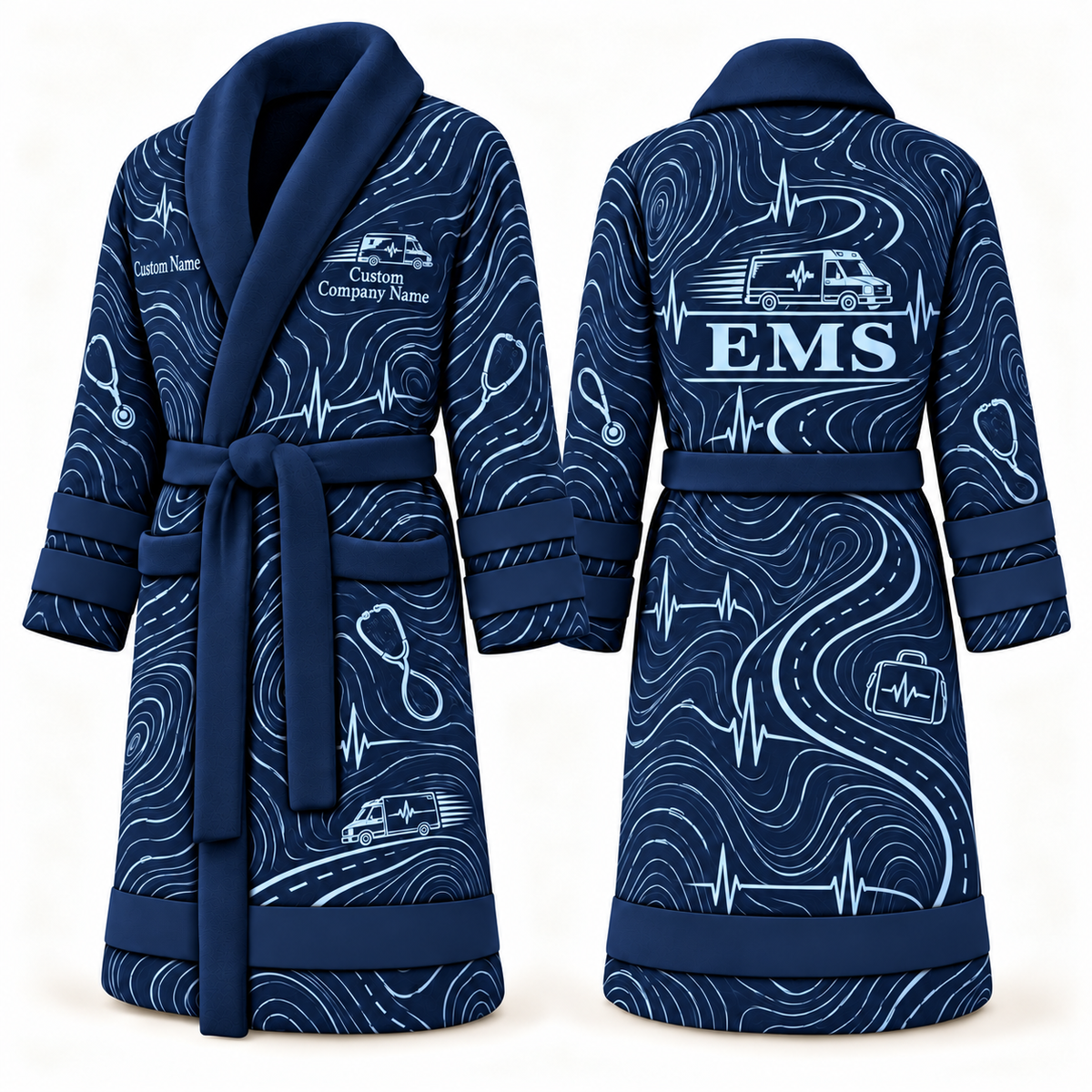 Personalized EMS Bathrobe - Contour Lines blue front and back view