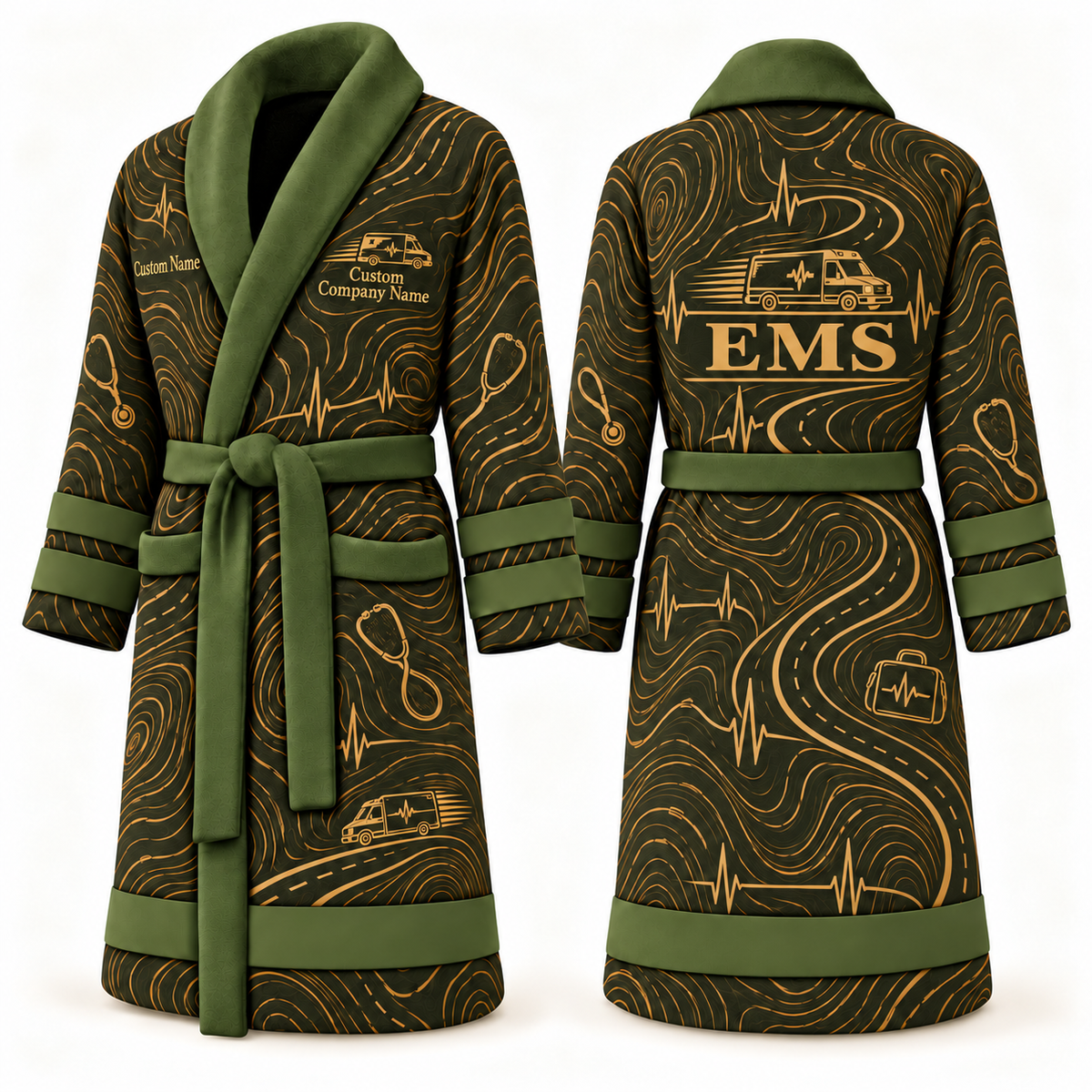 Personalized EMS Bathrobe - Contour Lines olive front and back view