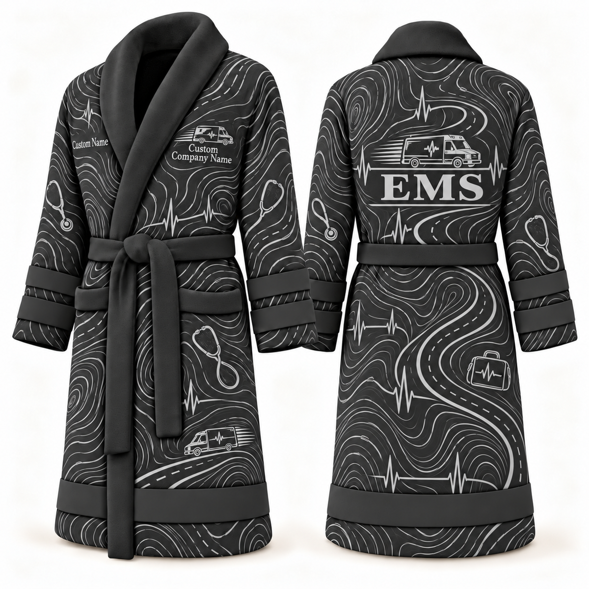 Personalized EMS Bathrobe - Contour Lines slate front and back view