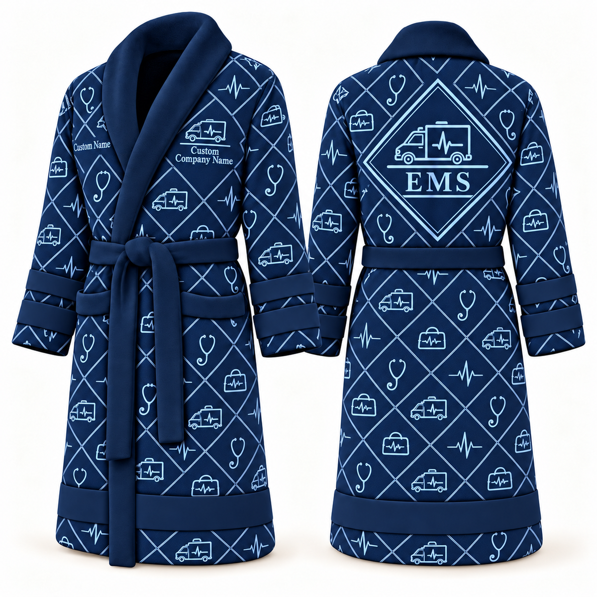 Personalized EMS Bathrobe - Diamond Emblems blue front and back view