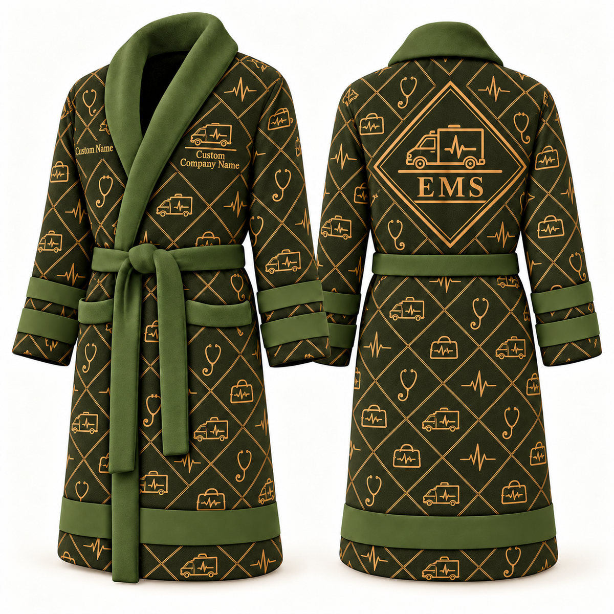 Personalized EMS Bathrobe - Diamond Emblems olive front and back view