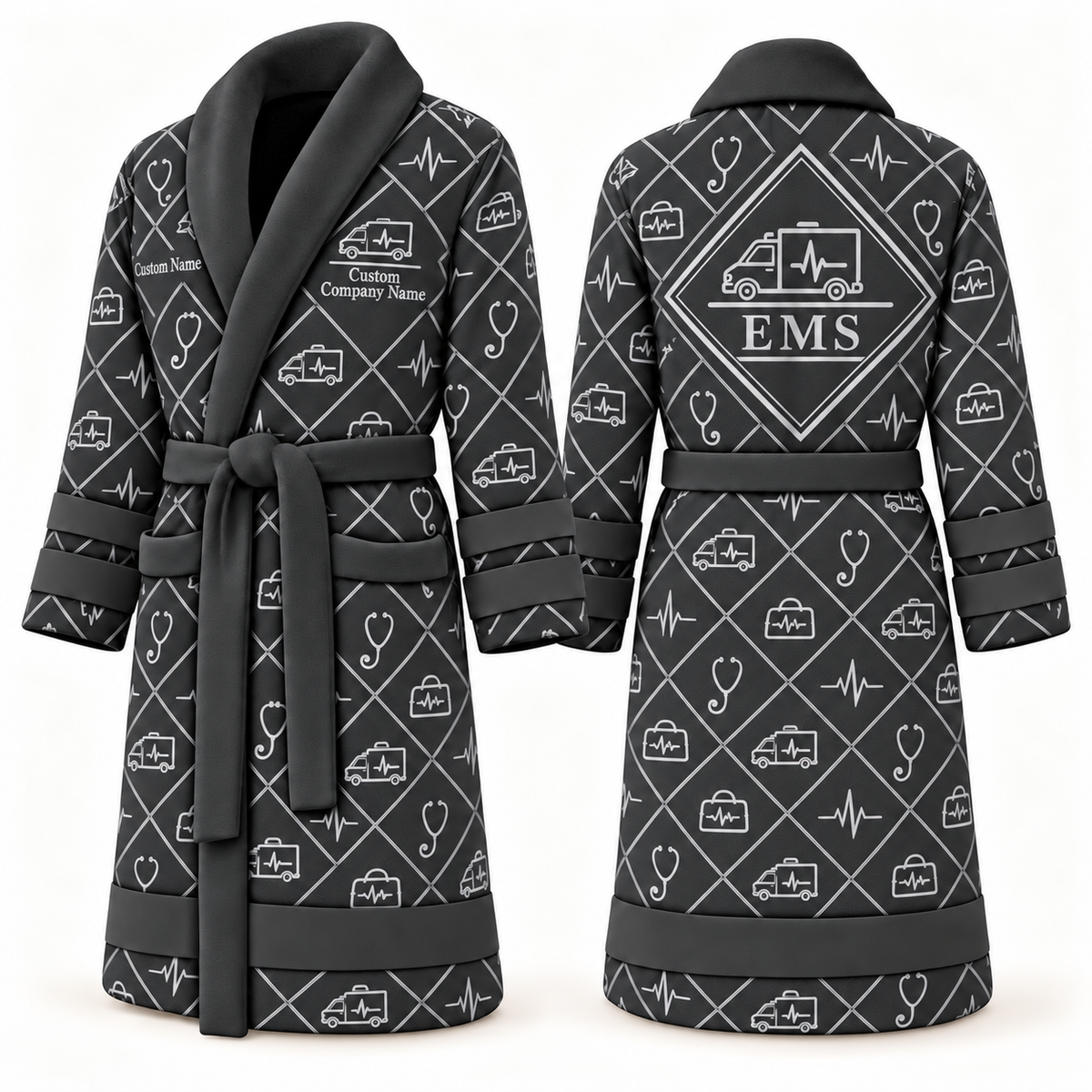 Personalized EMS Bathrobe - Diamond Emblems slate front and back view