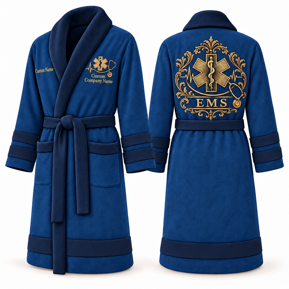 Personalized EMS Bathrobe - Heritage Crest blue front and back view