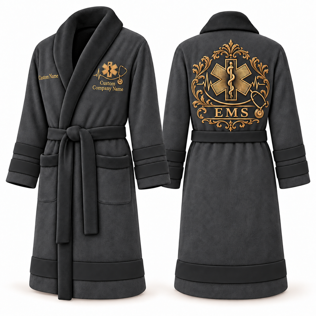 Personalized EMS Bathrobe - Heritage Crest slate front and back view