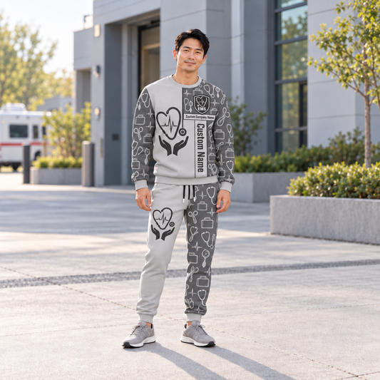 ems occupation-themed sweater and jogger combo on a model with name and company artwork