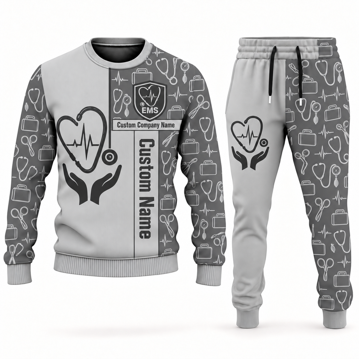 ems occupation-themed sweater and jogger combo lightgray color with name and company artwork