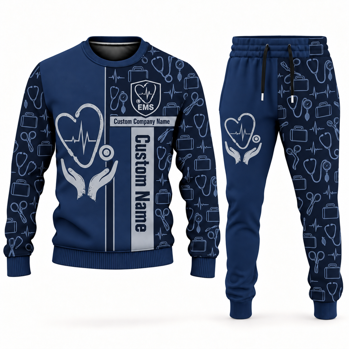 ems occupation-themed sweater and jogger combo navy color with name and company artwork