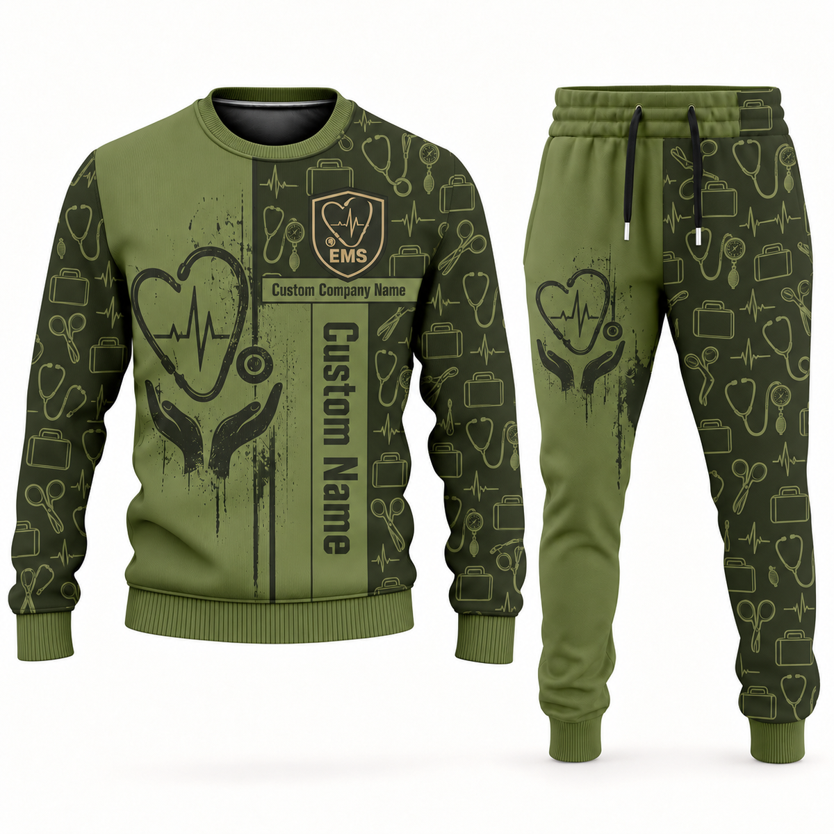 ems occupation-themed sweater and jogger combo olive color with name and company artwork