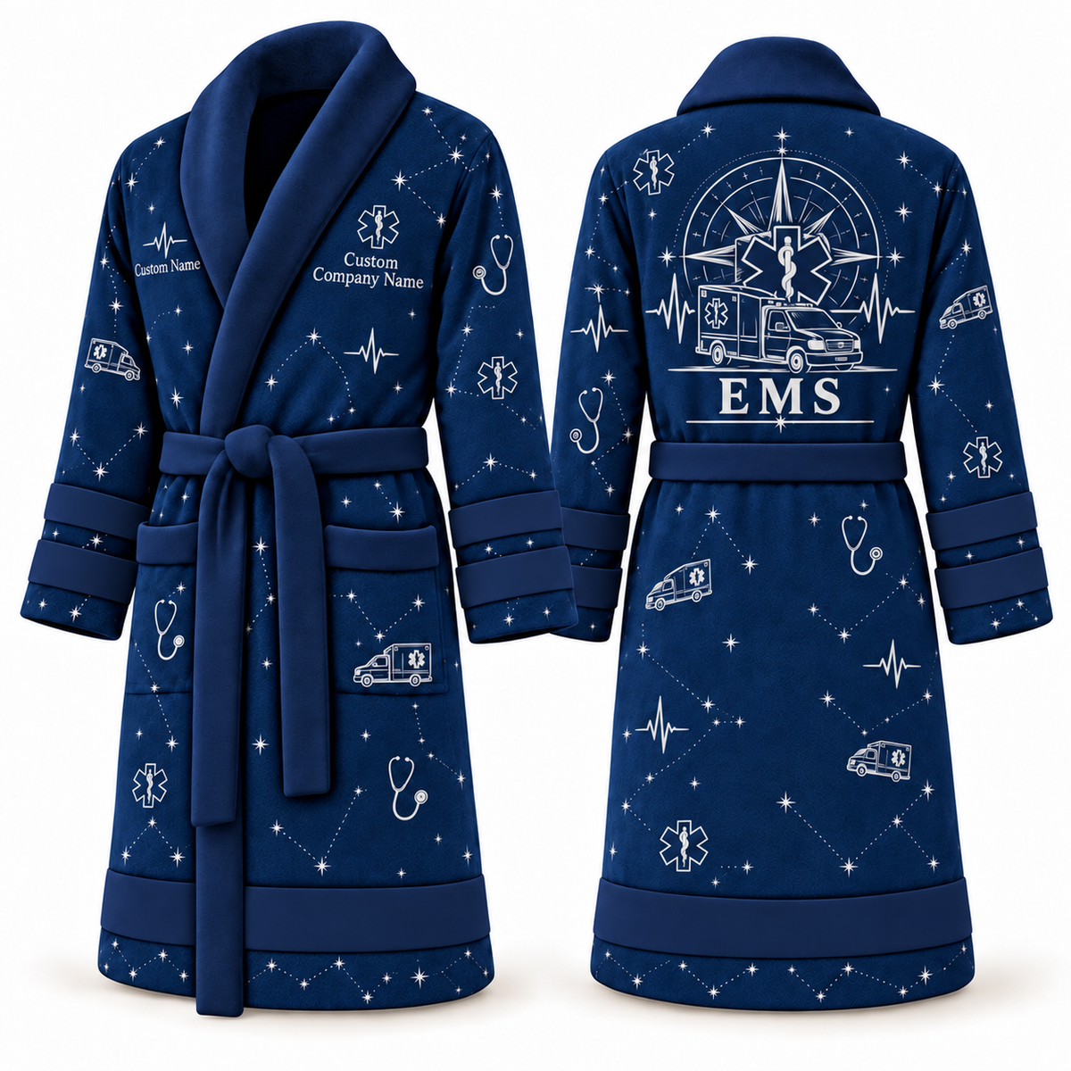 Personalized EMS Bathrobe - Night Shift blue front and back view