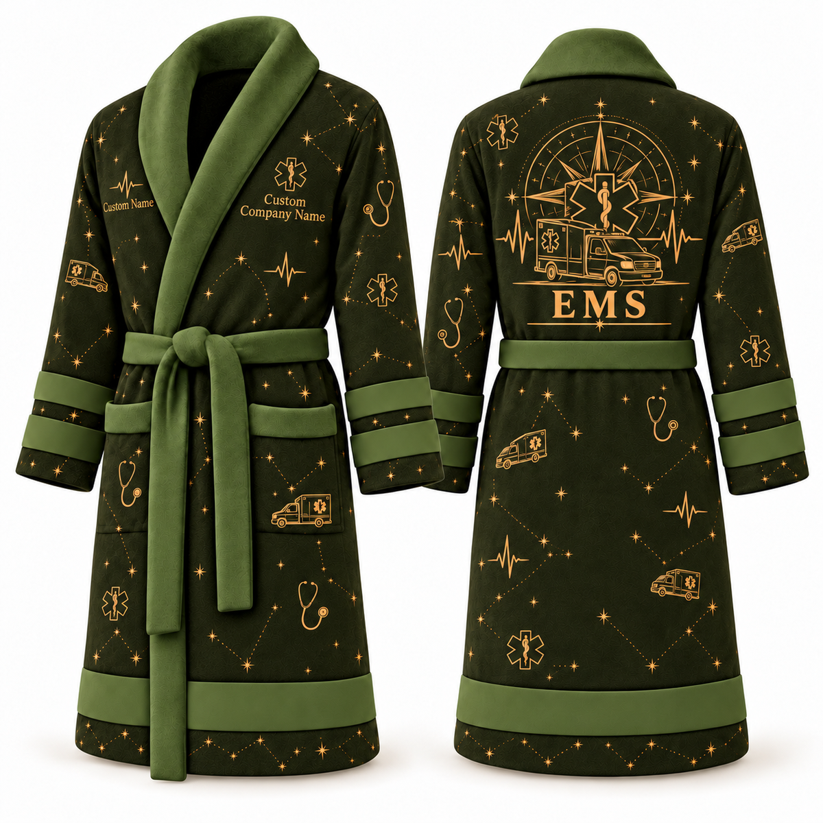 Personalized EMS Bathrobe - Night Shift olive front and back view
