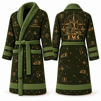 Personalized EMS Bathrobe - Night Shift olive front and back view