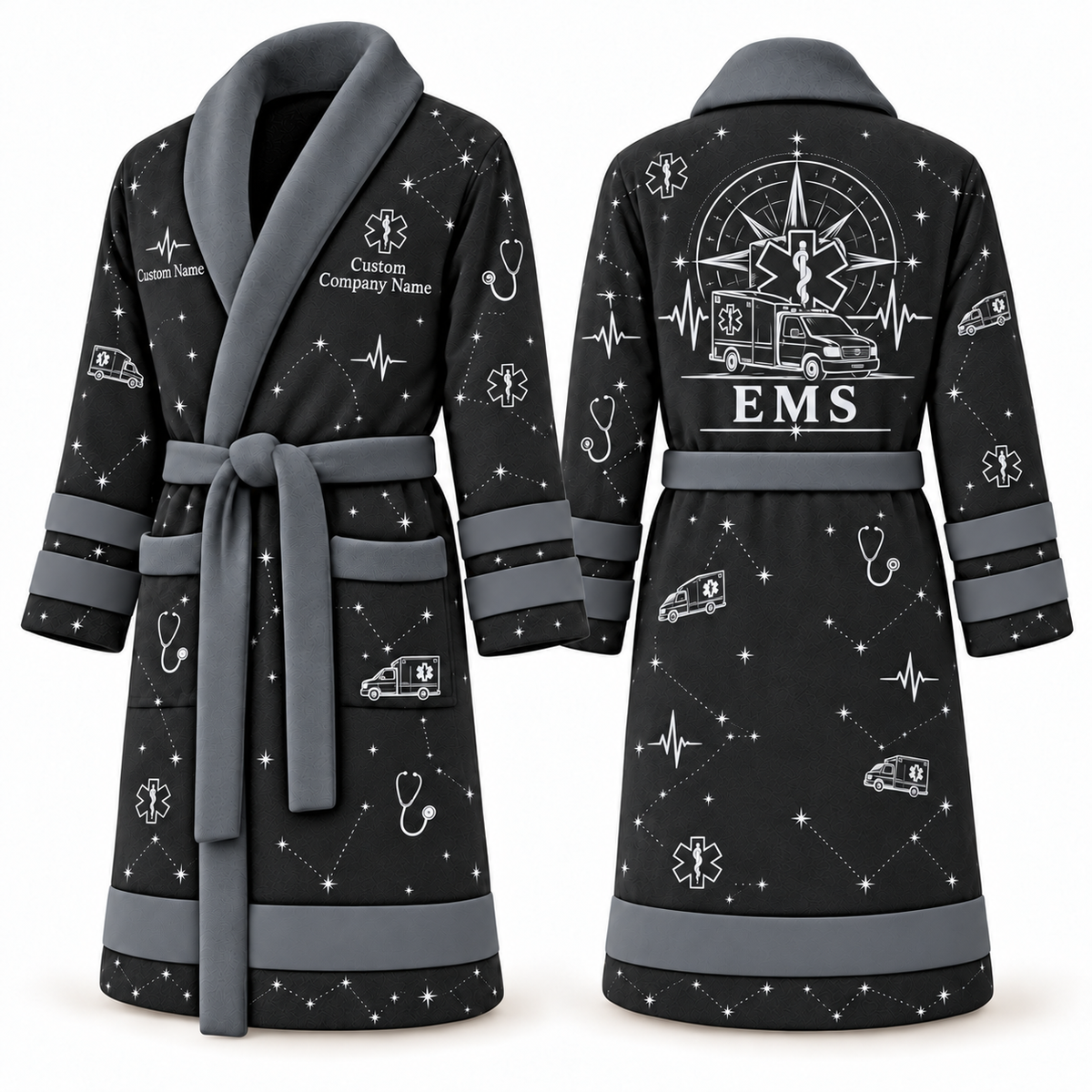 Personalized EMS Bathrobe - Night Shift slate front and back view