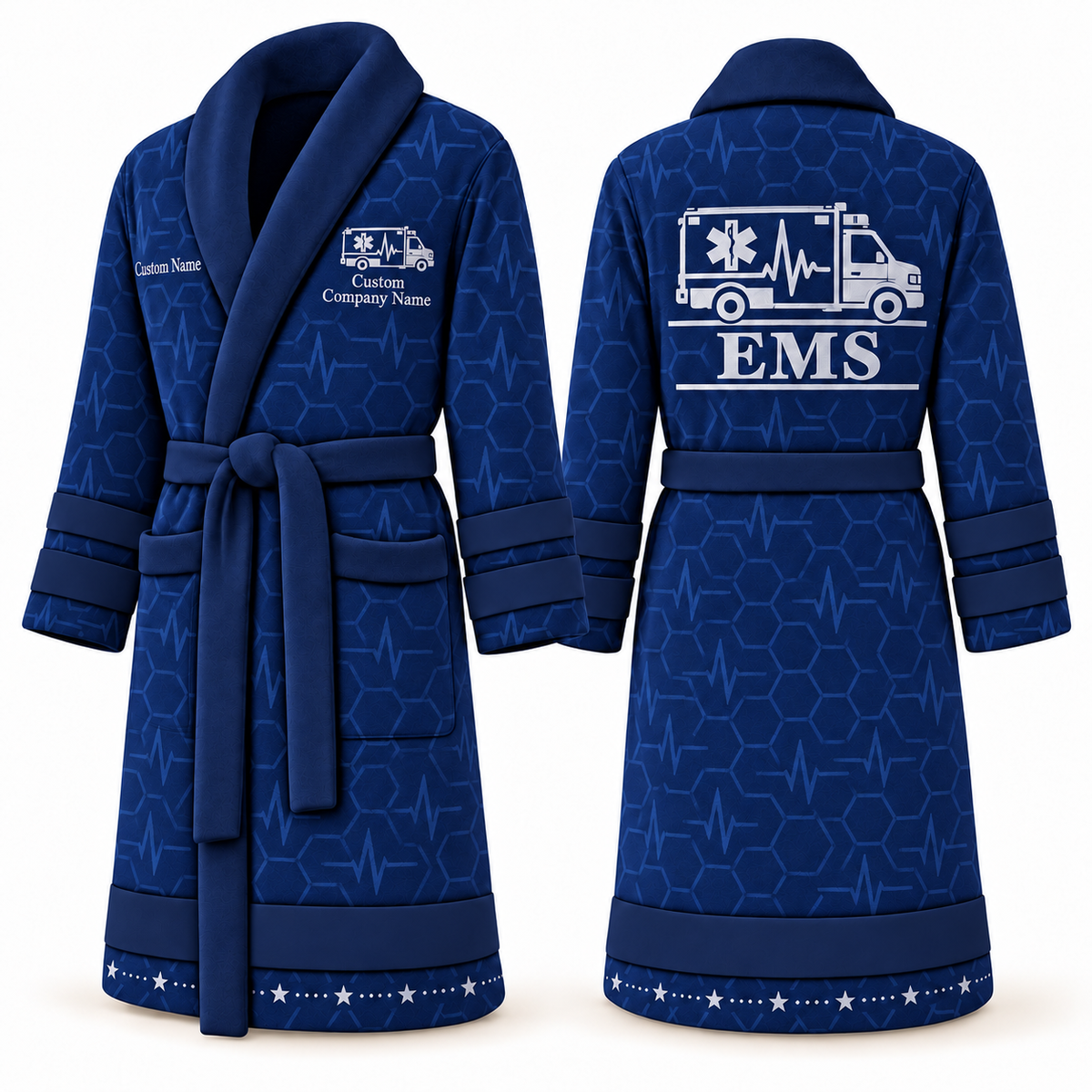 Personalized EMS Bathrobe - Signature Silhouette blue front and back view