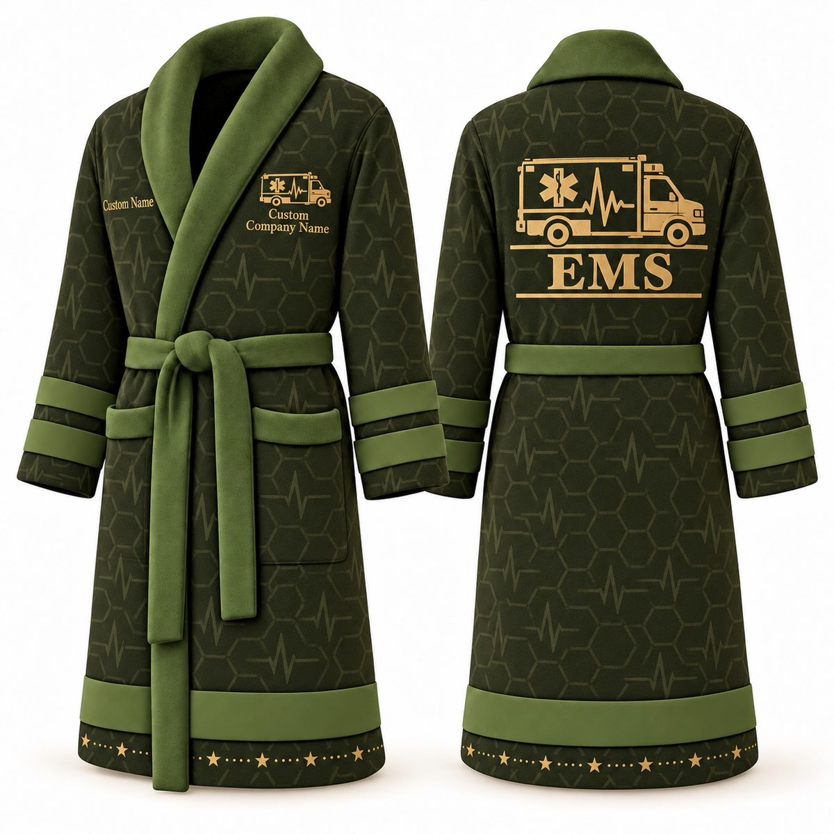 Personalized EMS Bathrobe - Signature Silhouette olive front and back view