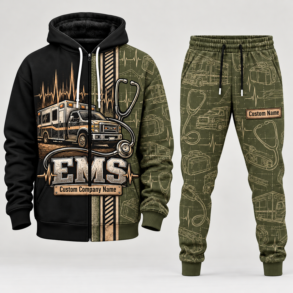 ems full-zip hoodie and matching joggers - olive catalog view