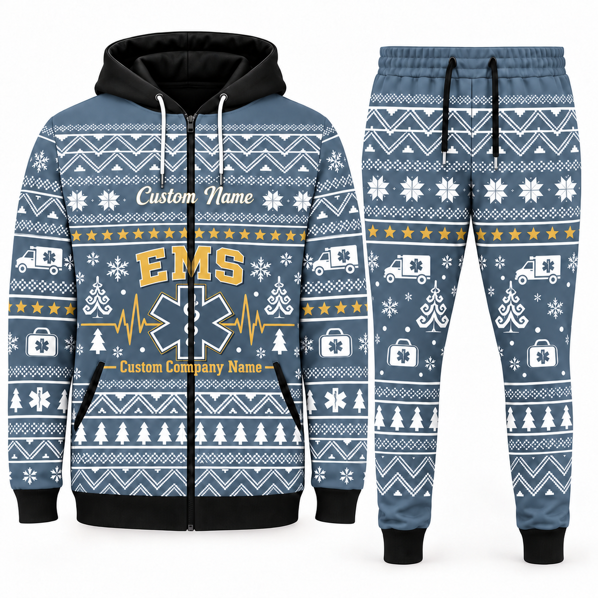ems blue-gray Winter Snowflake full-zip hoodie and jogger combo with Custom Name and Custom Company Name