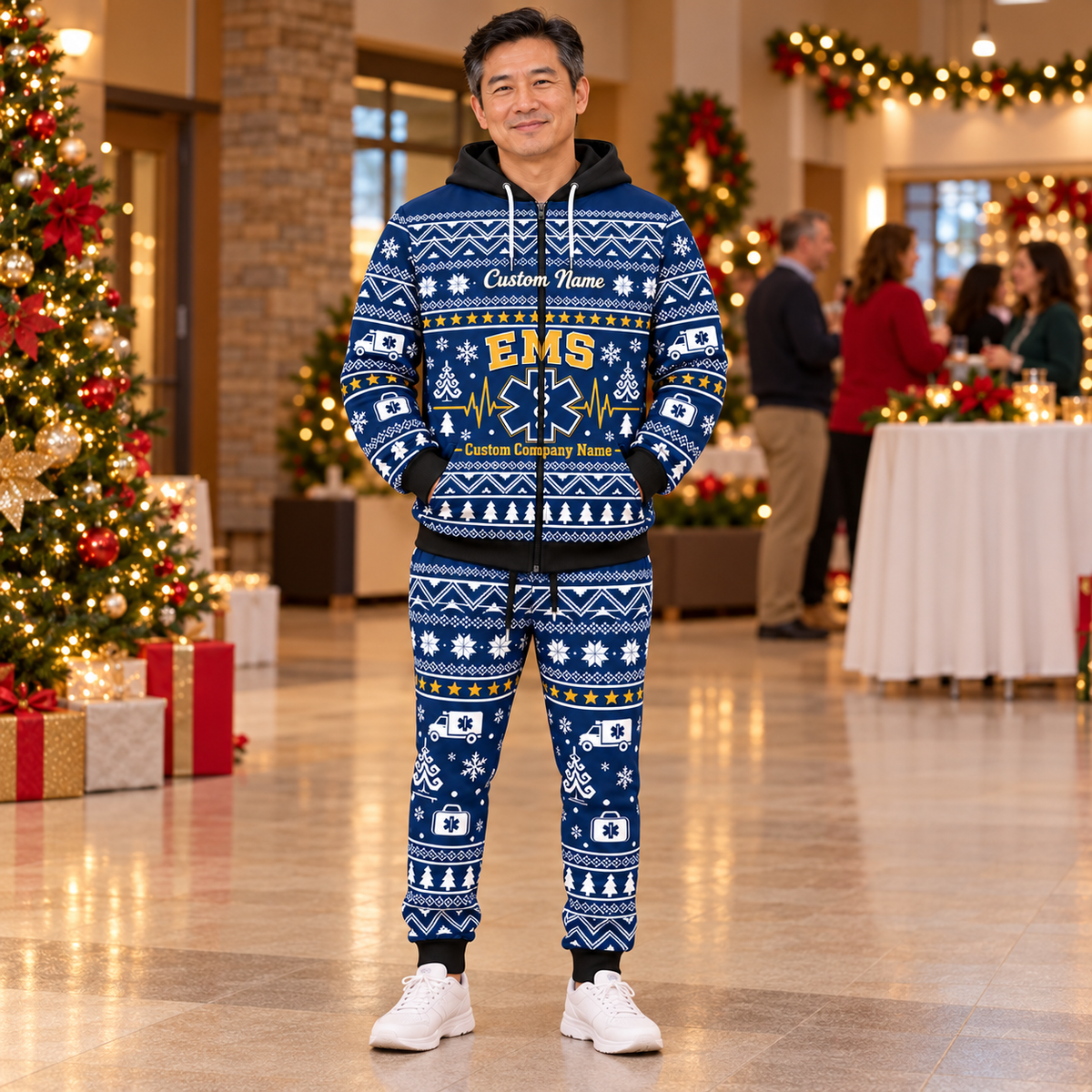 ems hero Winter Snowflake full-zip hoodie and jogger combo with Custom Name and Custom Company Name