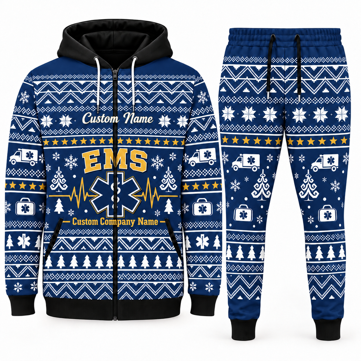 ems navy Winter Snowflake full-zip hoodie and jogger combo with Custom Name and Custom Company Name