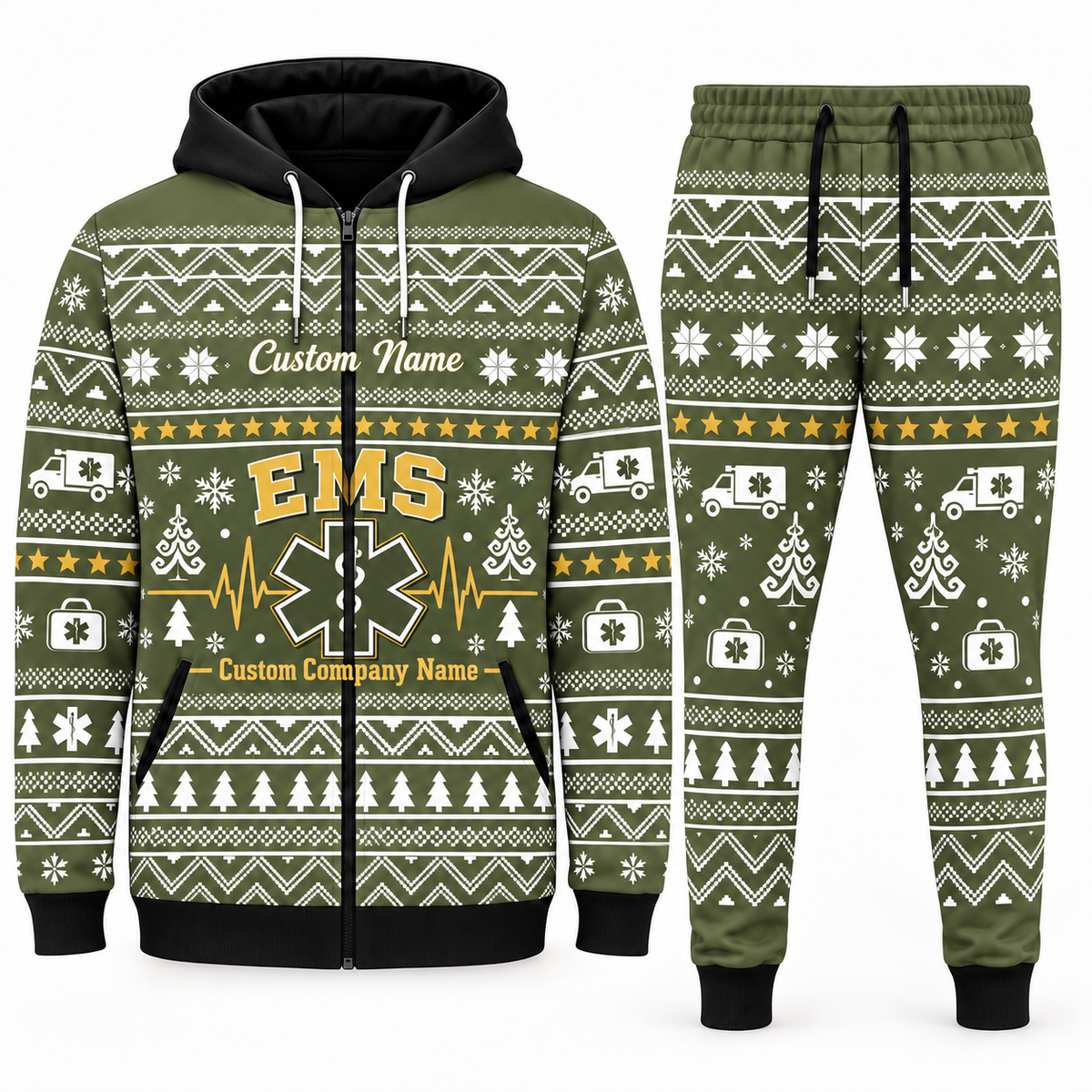 ems olive Winter Snowflake full-zip hoodie and jogger combo with Custom Name and Custom Company Name