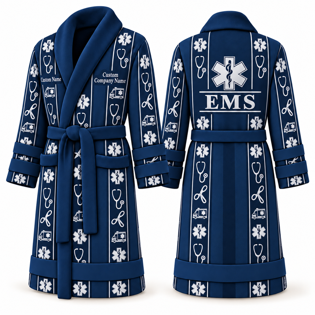Personalized EMS Bathrobe - Workbench Stripes blue front and back view