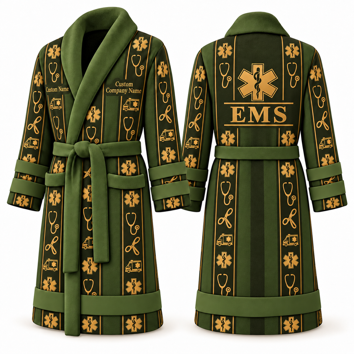 Personalized EMS Bathrobe - Workbench Stripes olive front and back view