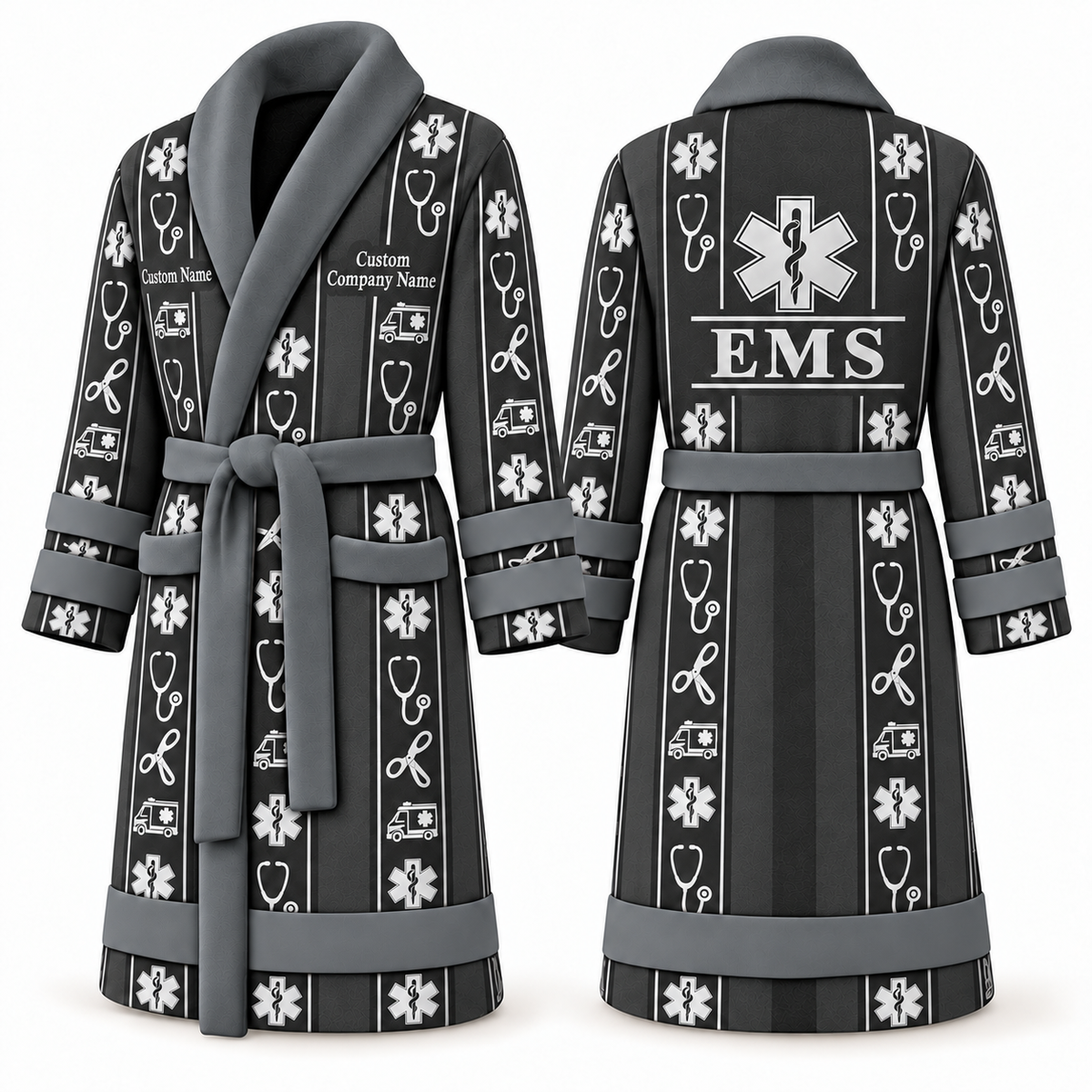 Personalized EMS Bathrobe - Workbench Stripes slate front and back view