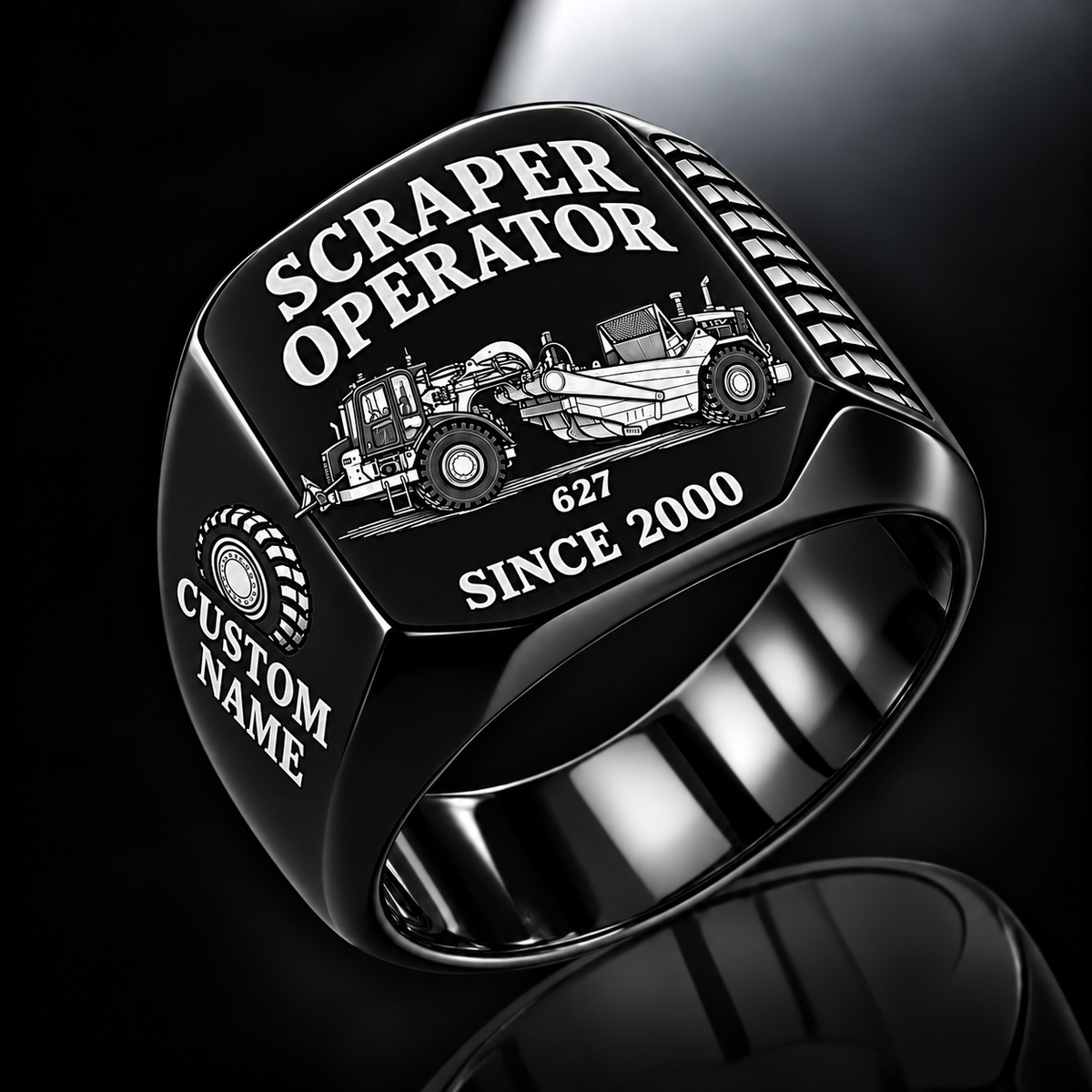 627 twin-engine Scraper Operator signet ring in black with CUSTOM NAME and SINCE 2000