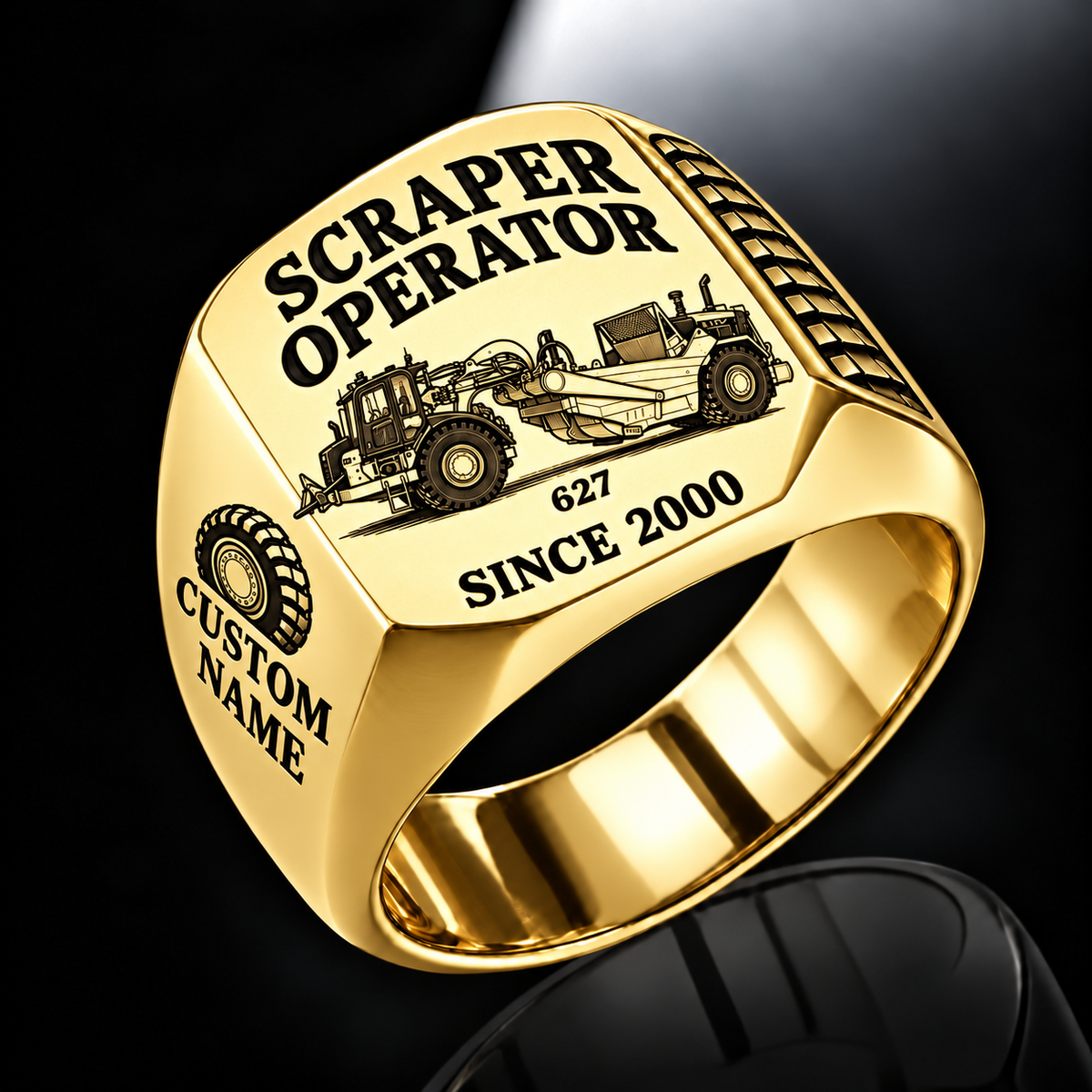 627 twin-engine Scraper Operator signet ring in gold with CUSTOM NAME and SINCE 2000