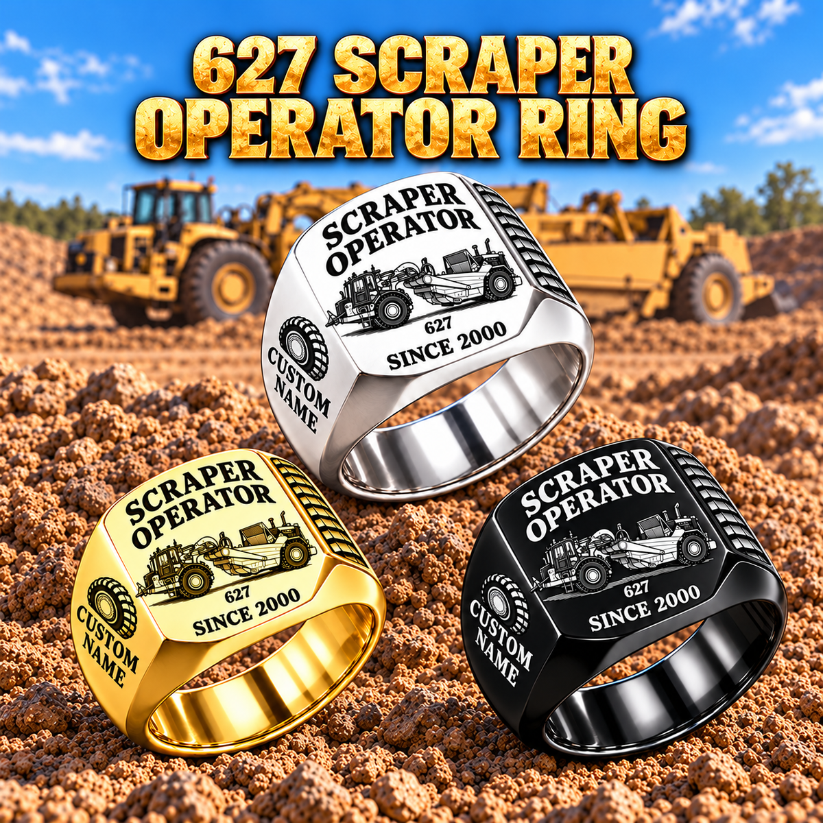 627 twin-engine Scraper Operator signet ring in Silver, Gold and Black with CUSTOM NAME and SINCE 2000