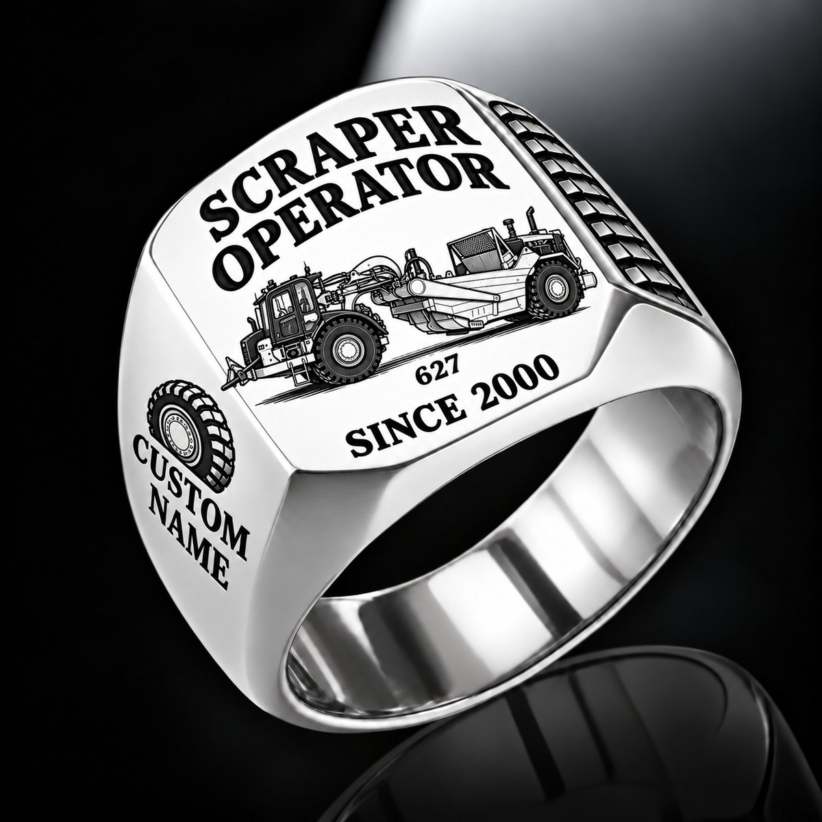 627 twin-engine Scraper Operator signet ring in silver with CUSTOM NAME and SINCE 2000