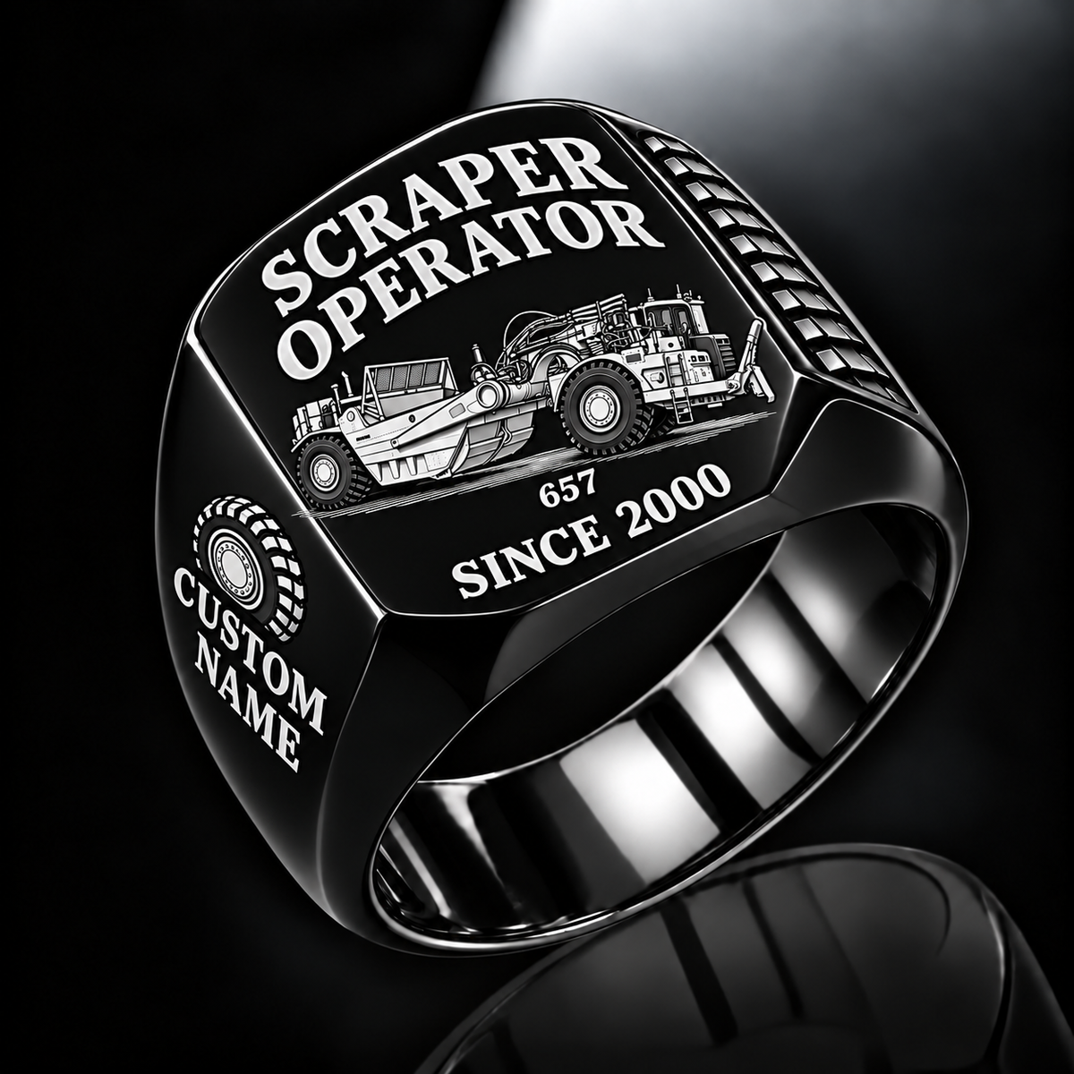 657 twin-engine Scraper Operator signet ring in black with CUSTOM NAME and SINCE 2000